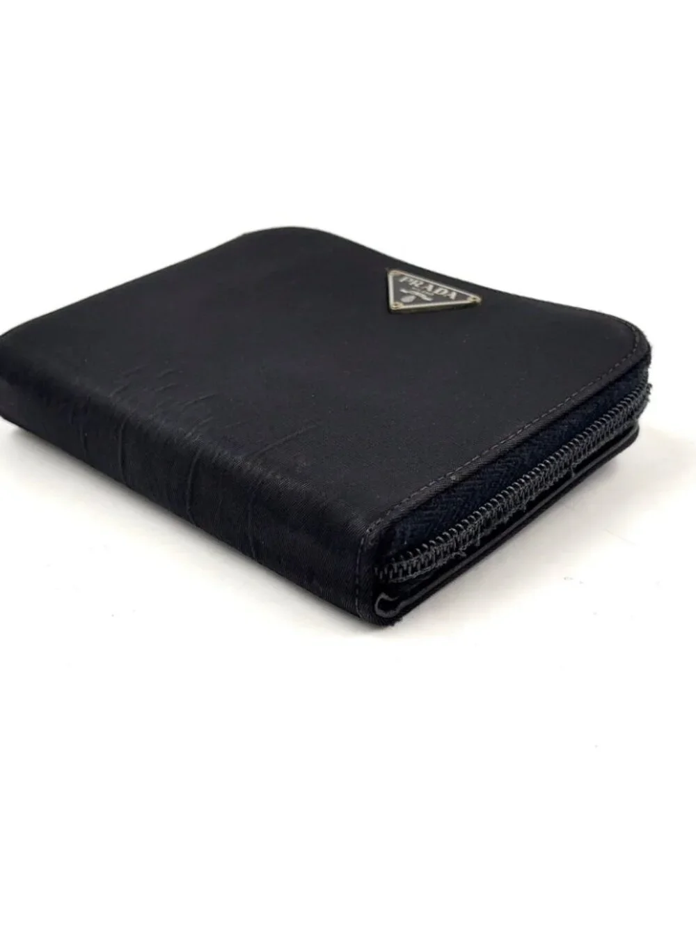Prada Zip Around Leather Nylon Black Wallet Silver